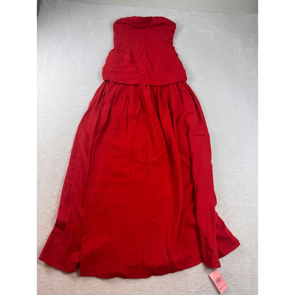 PrettyLittleThing Red Strapless Linen Blend Peplum Maxi Dress Size US 2 NEW